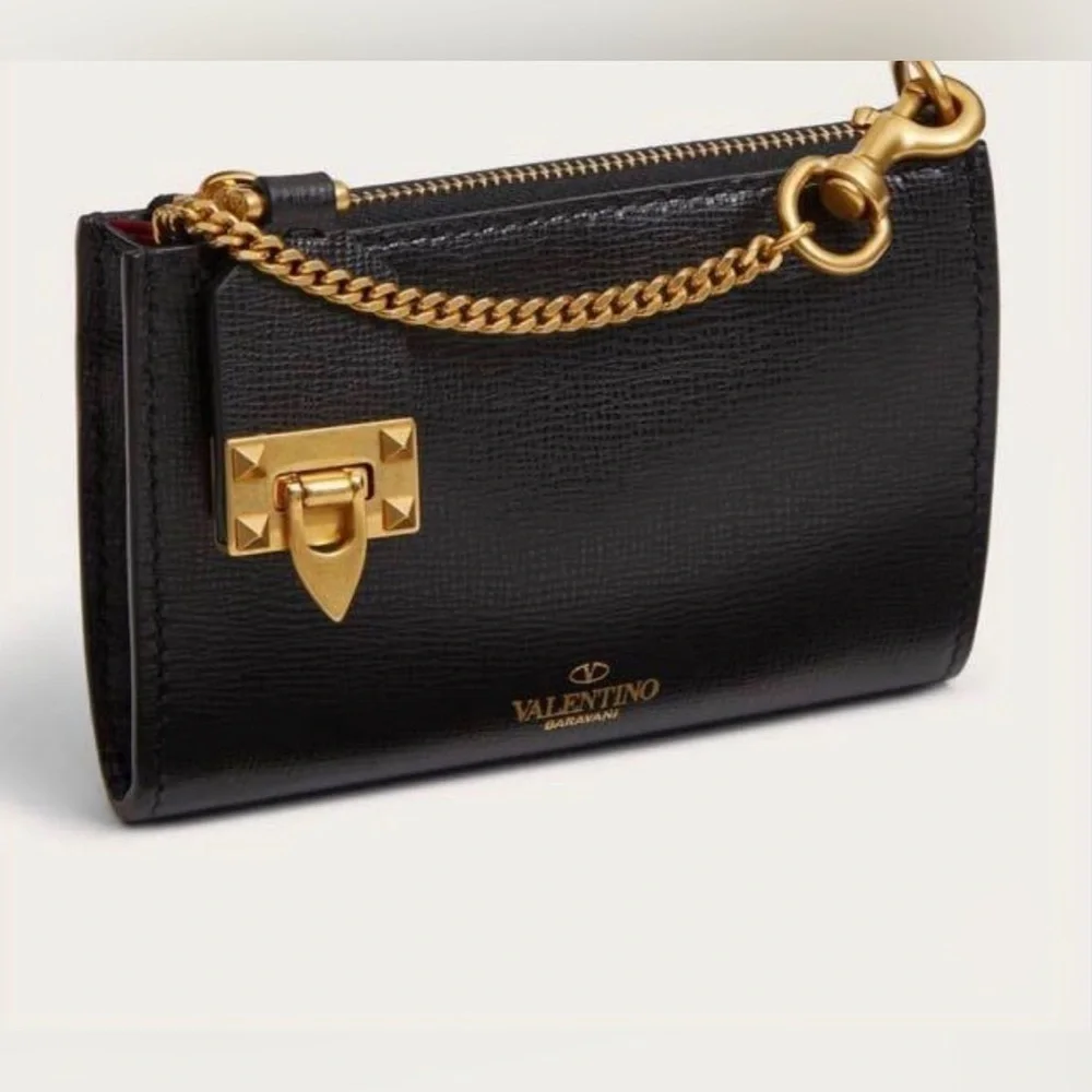 Valentino Garavani Rockstud Zipper Coin Purse Cardholder Grainy Calfskin Leather